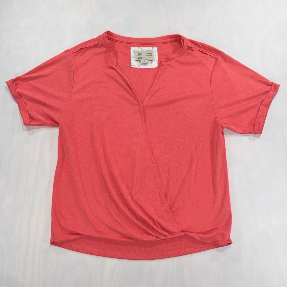 Saturday Sunday Anthropologie Wrap Top Womens XS Coral Ribbed Short Sleeve Tee